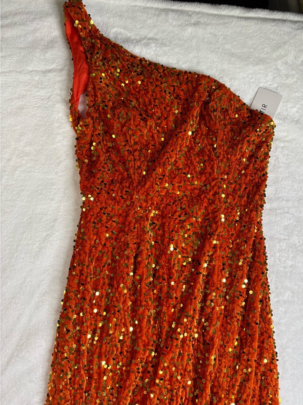 Lavetir One-Shoulder Orange Velvet Sequin Prom Formal Dress